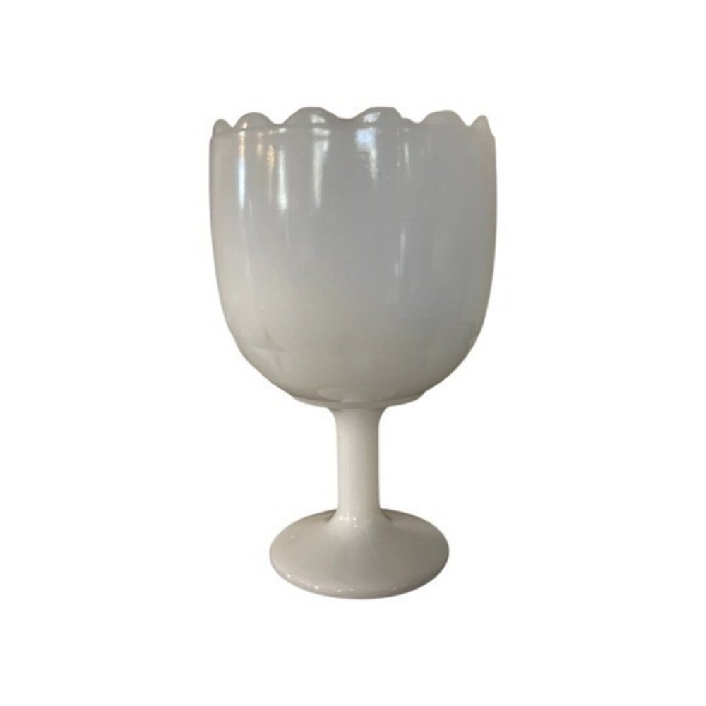 Vintage Milk Glass Goblet Vase Scalloped Rim Star Pattern White Art Glass 7.5"